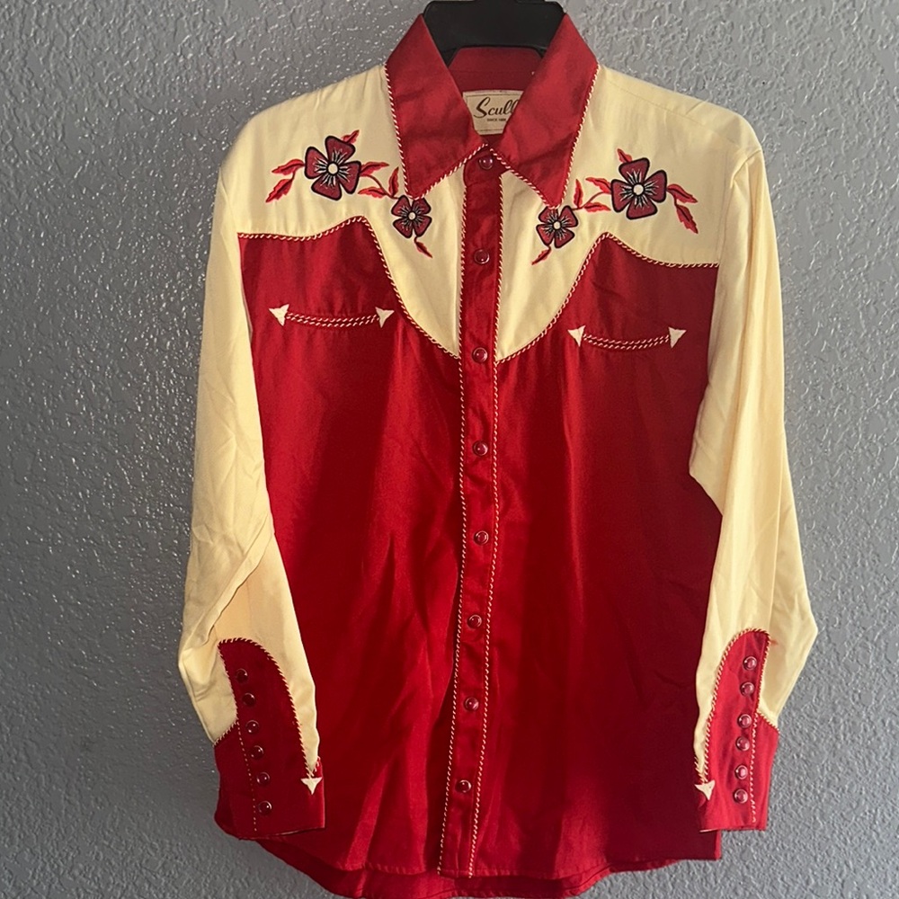 Scully Red and Cream Casual Button Down Shirt with Western Flair